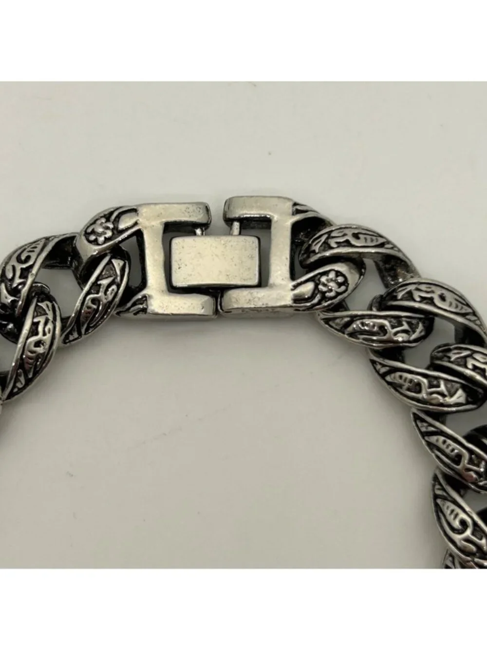 Men's Vintage Stainless Steel Curb Chain Bracelet Tribal Tattoo Etched Design